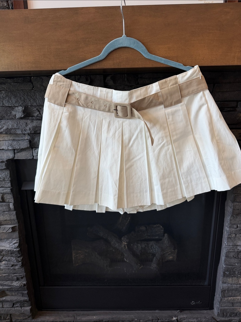Maeve Pleated Mini Skirt with Contrast Waistband in Cream and Tan - Picture 2 of 5